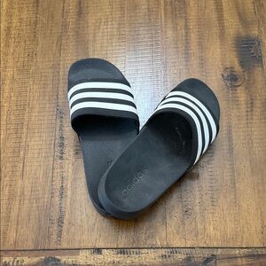 Adidas Black Slides with White Stripes